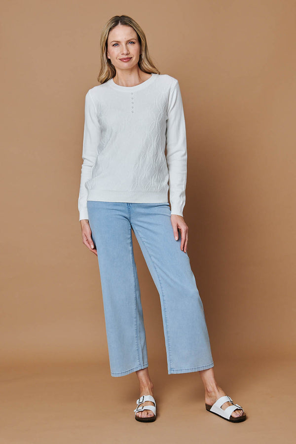 White | Pearl Detail Textured Long Sleeve Top