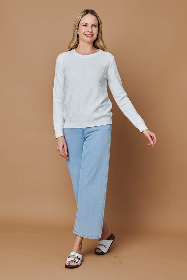 White | Pearl Detail Textured Long Sleeve Top