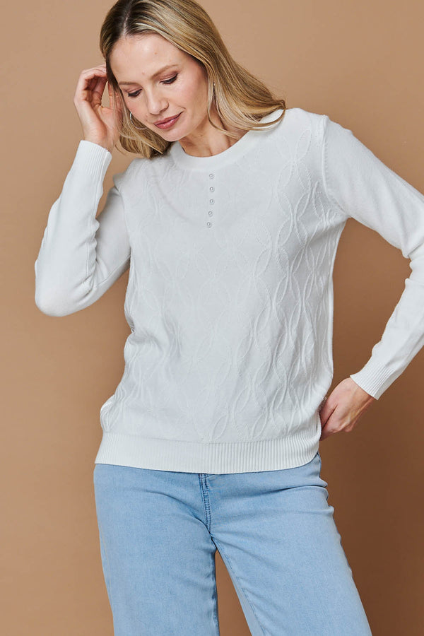 White | Pearl Detail Textured Long Sleeve Top