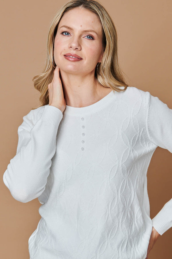 White | Pearl Detail Textured Long Sleeve Top