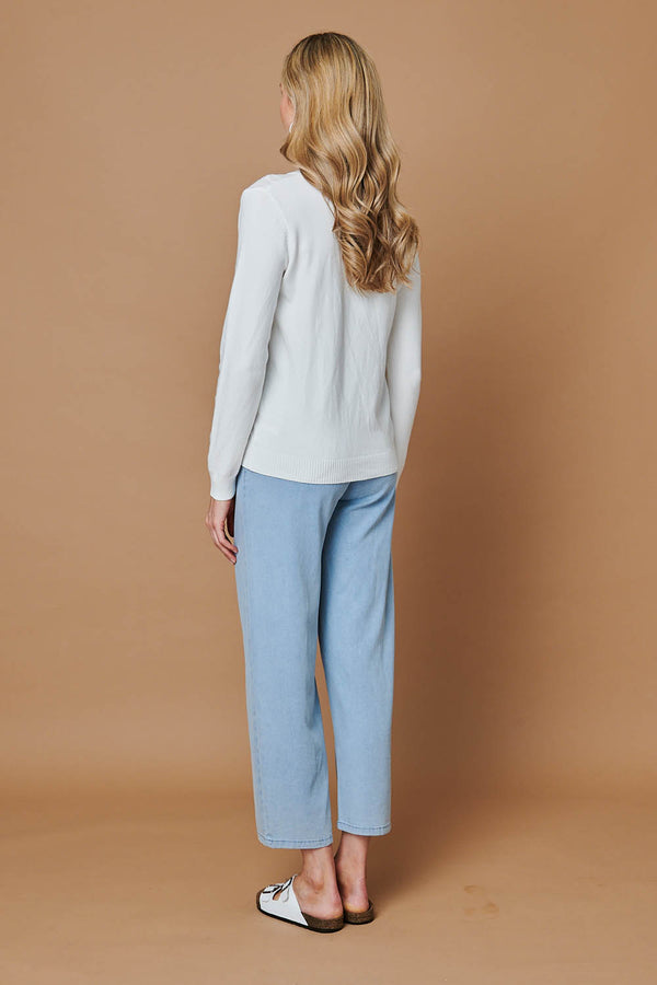 White | Pearl Detail Textured Long Sleeve Top