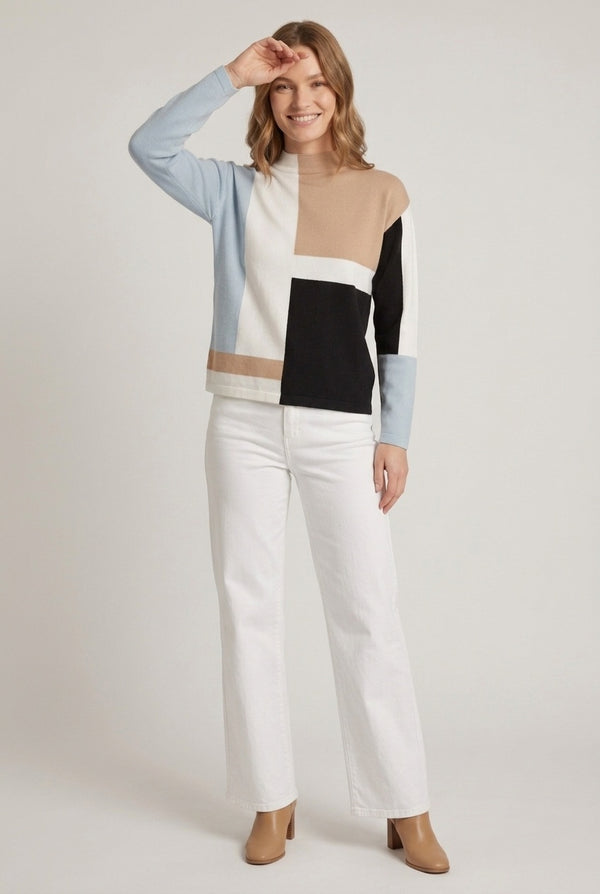 Beige | Colour Block High Neck Relaxed Jumper
