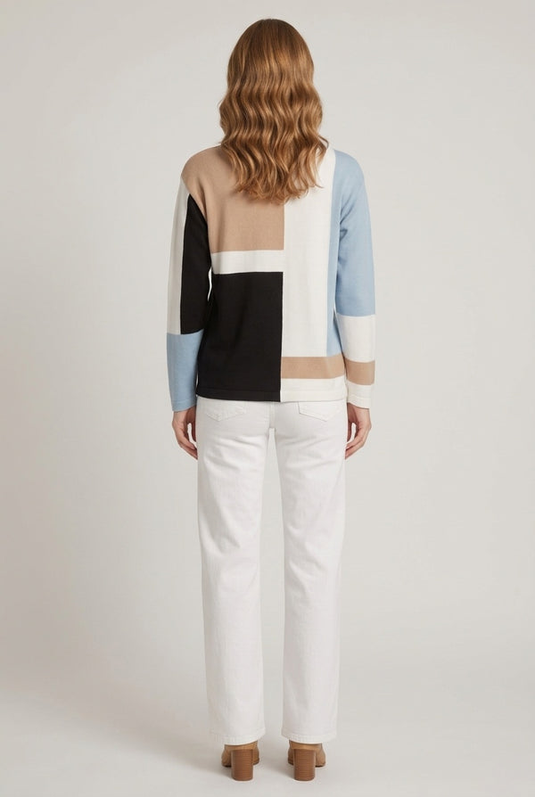 Beige | Colour Block High Neck Relaxed Jumper