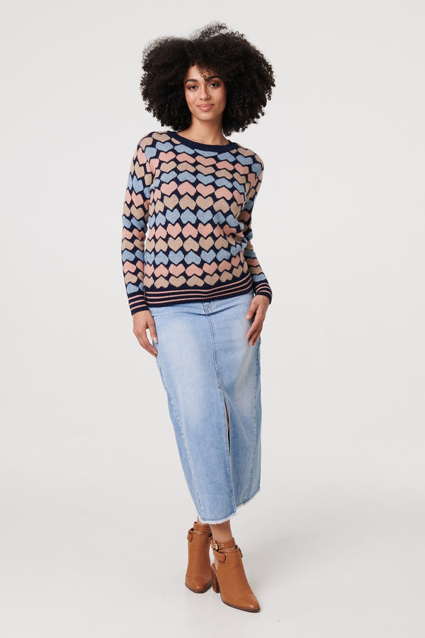 Navy | Heart Print Long Sleeve Jumper
