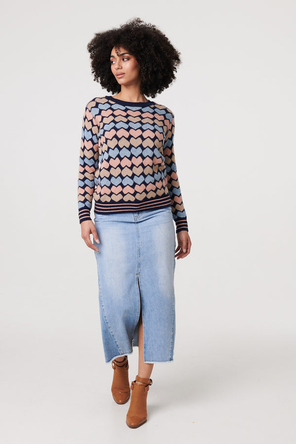 Navy | Heart Print Long Sleeve Jumper
