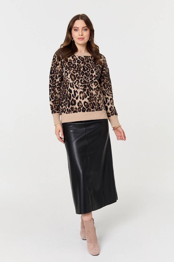 Beige | Animal Print Contrast Hem Knit Jumper