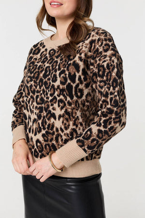 Beige | Animal Print Contrast Hem Knit Jumper