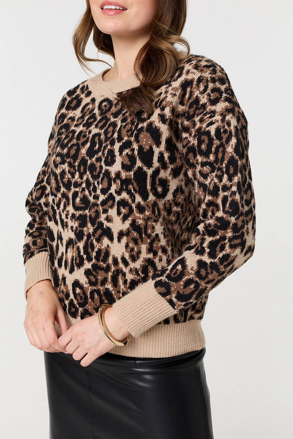 Beige | Animal Print Contrast Hem Knit Jumper