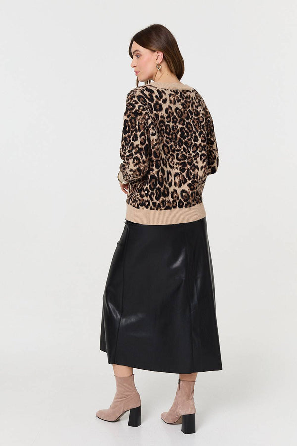 Beige | Animal Print Contrast Hem Knit Jumper