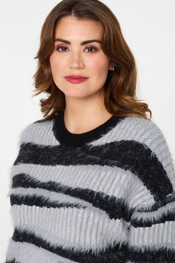 Grey | Zebra Print Textured Relaxed Jumper
