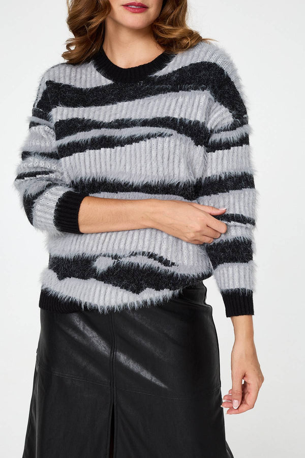 Grey | Zebra Print Textured Relaxed Jumper
