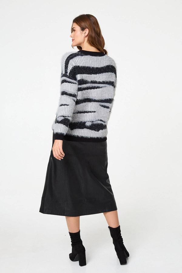 Grey | Zebra Print Textured Relaxed Jumper
