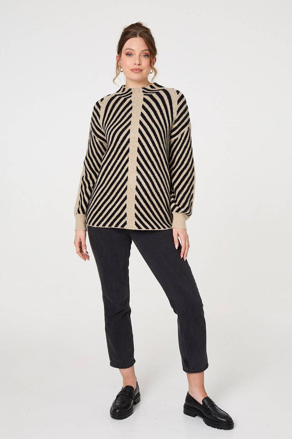 Beige | Striped High Neck Drop Shoulder Jumper