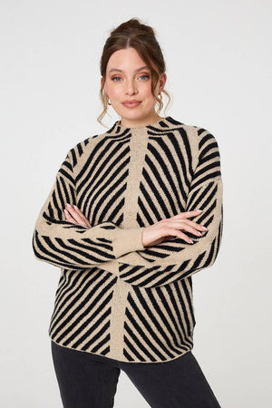 Beige | Striped High Neck Drop Shoulder Jumper
