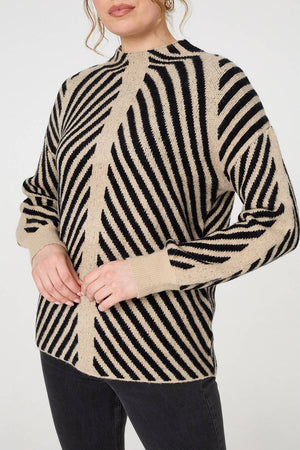 Beige | Striped High Neck Drop Shoulder Jumper