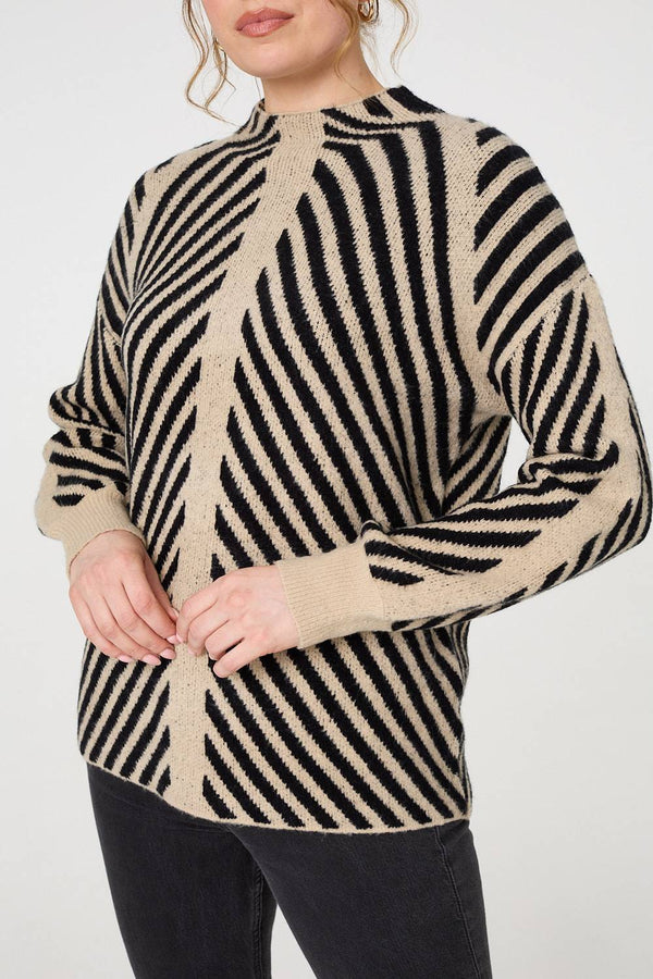 Beige | Striped High Neck Drop Shoulder Jumper