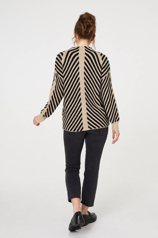 Beige | Striped High Neck Drop Shoulder Jumper