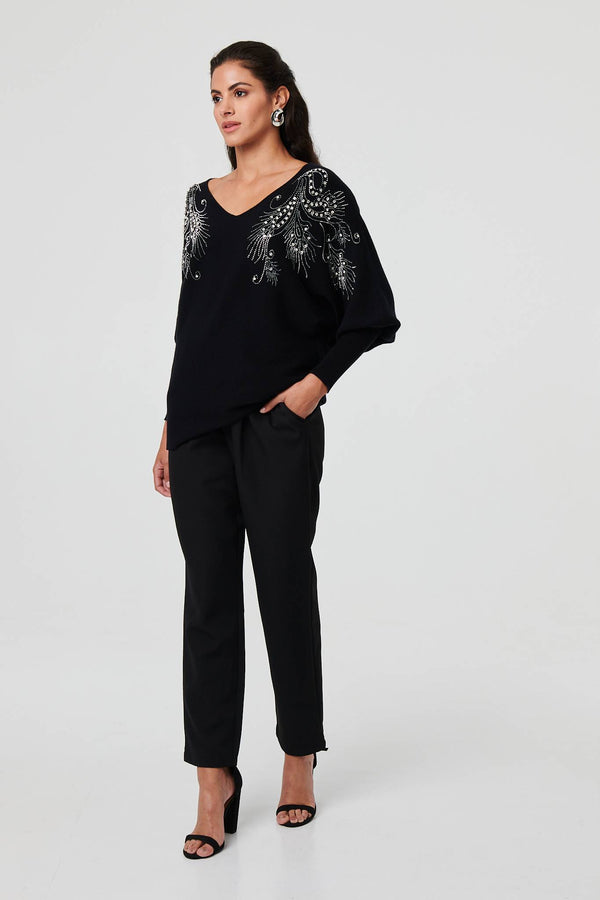 Black | Sparkly Embellished V-Neck Jumper
