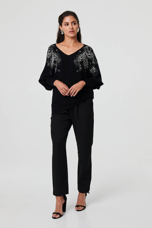 Black | Sparkly Embellished V-Neck Jumper
