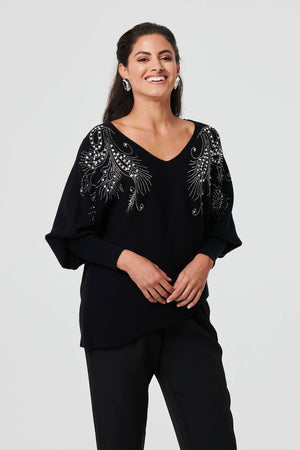 Black | Sparkly Embellished V-Neck Jumper : Model is 5'8