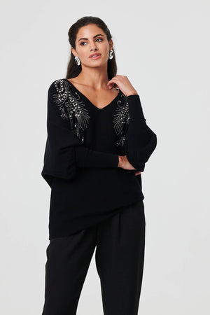 Black | Sparkly Embellished V-Neck Jumper
