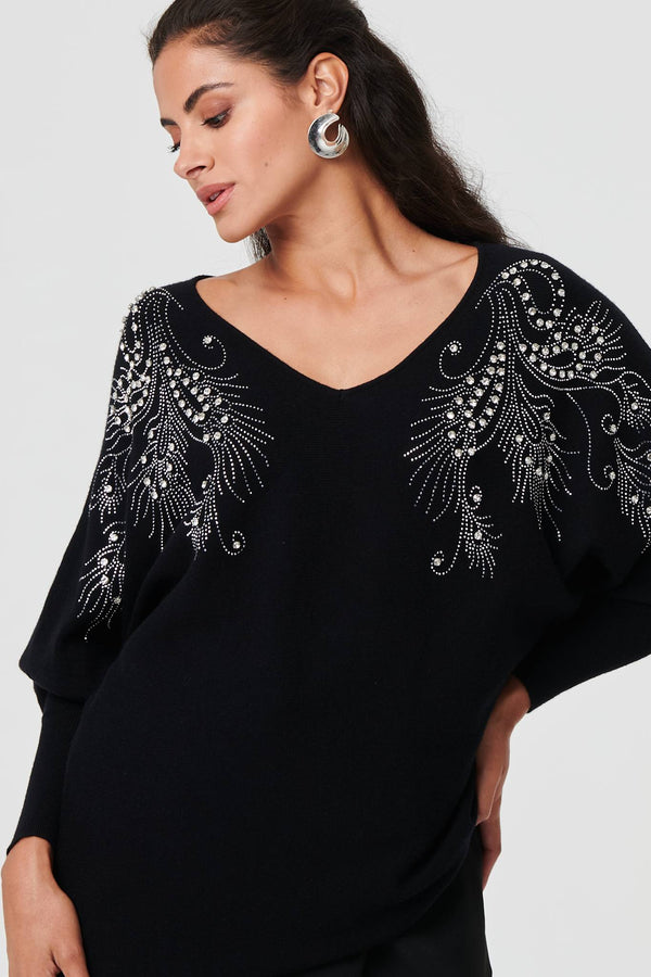 Black | Sparkly Embellished V-Neck Jumper
