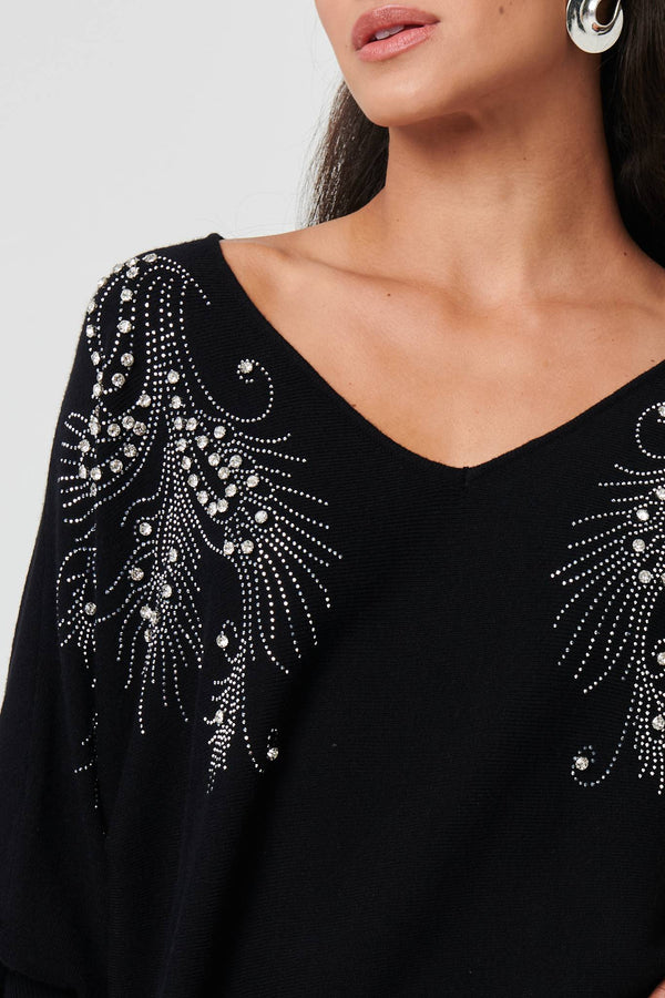 Black | Sparkly Embellished V-Neck Jumper
