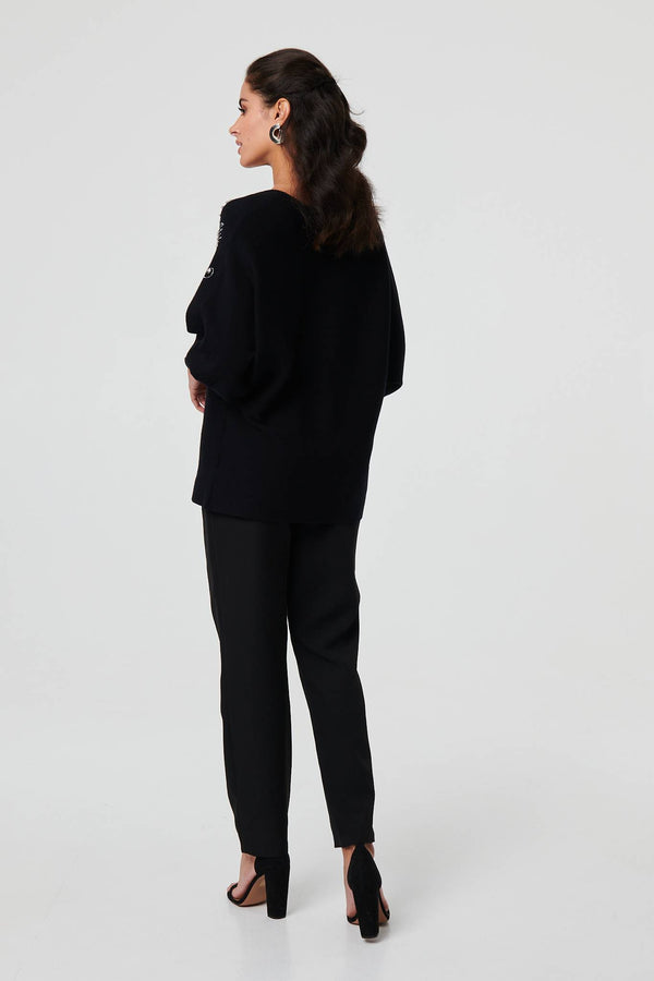 Black | Sparkly Embellished V-Neck Jumper
