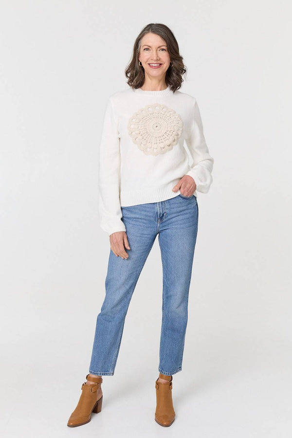 White | Embroidered Detail Long Sleeve Jumper