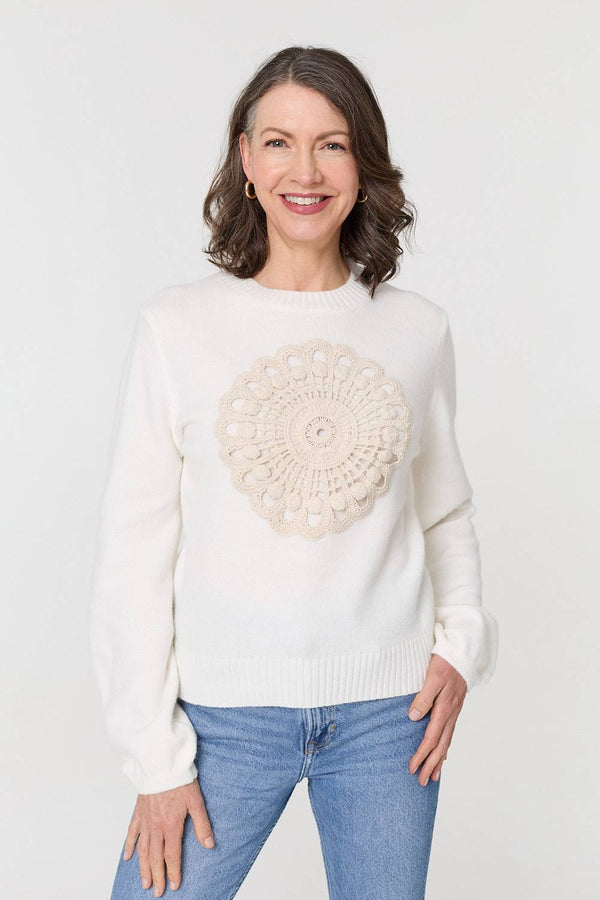 White | Embroidered Detail Long Sleeve Jumper : Model is 5'8"/172 cm and wears UK10/EU38/US6/AUS10