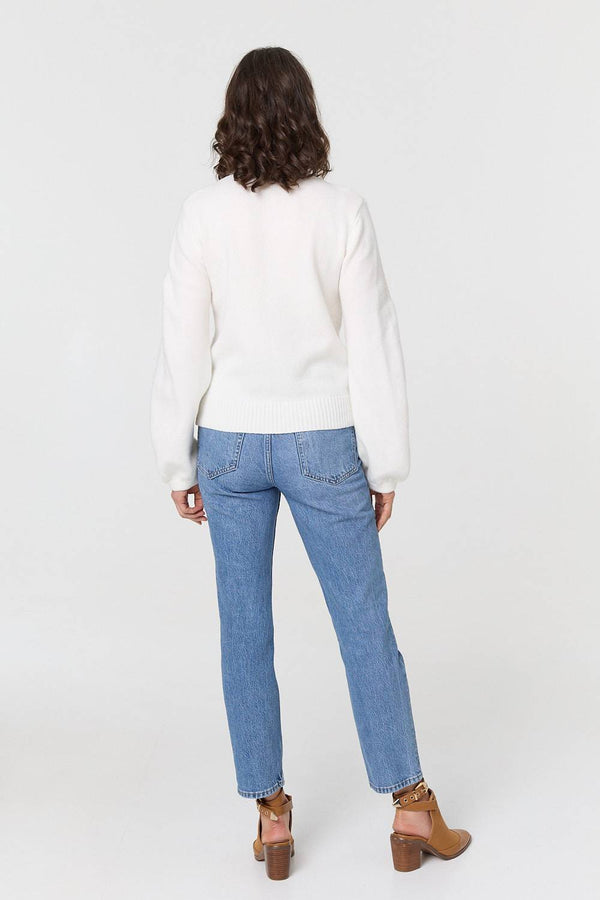 White | Embroidered Detail Long Sleeve Jumper