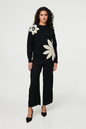 Black | Floral Long Sleeve Embroidered Jumper