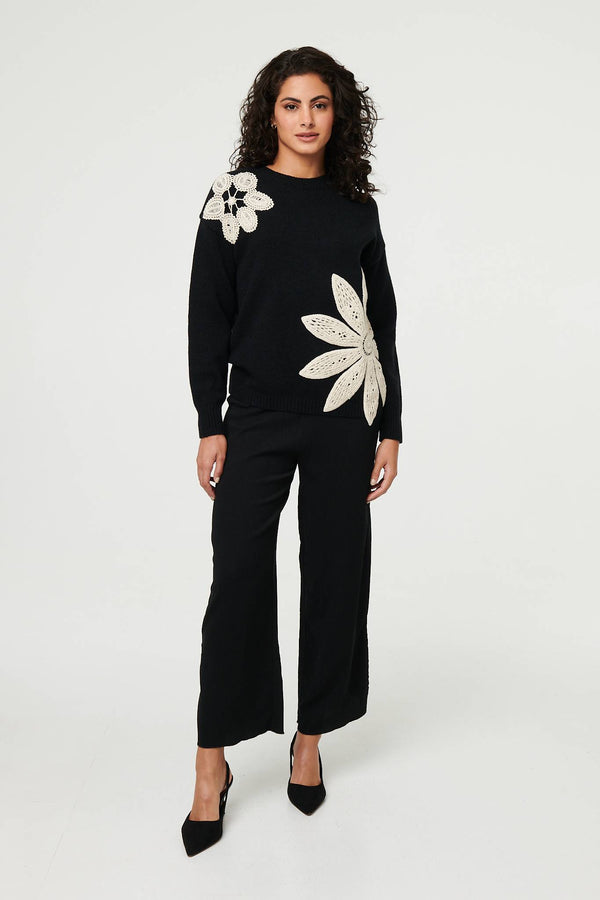 Black | Floral Long Sleeve Embroidered Jumper