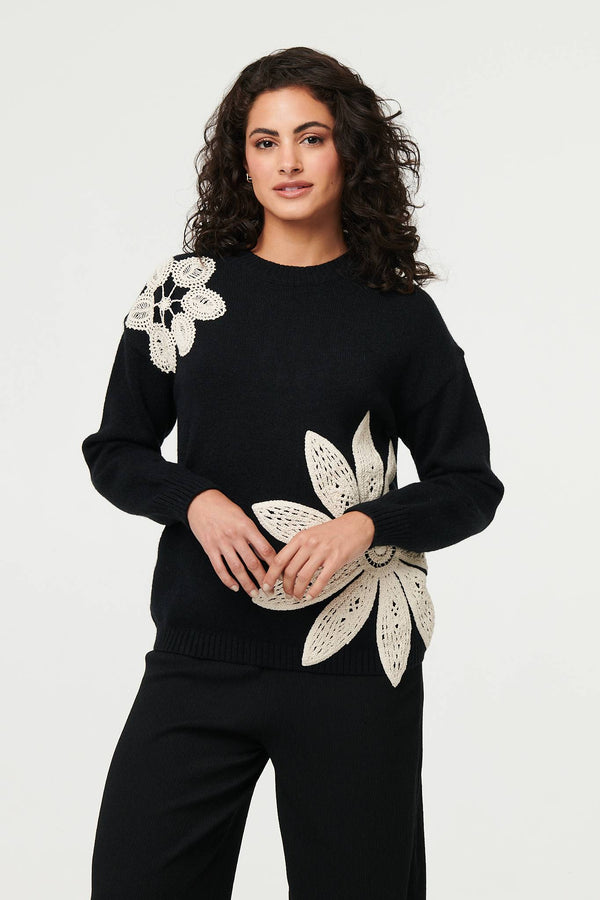 Black | Floral Long Sleeve Embroidered Jumper