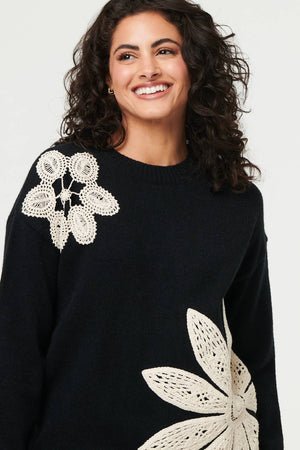 Black | Floral Long Sleeve Embroidered Jumper