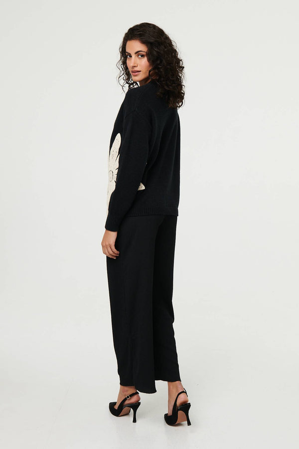 Black | Floral Long Sleeve Embroidered Jumper