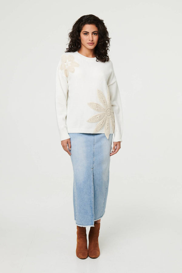 White | Floral Long Sleeve Embroidered Jumper
