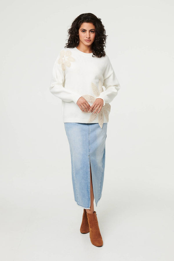 White | Floral Long Sleeve Embroidered Jumper
