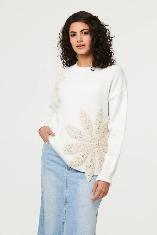 White | Floral Long Sleeve Embroidered Jumper : Model is 5'8"/172 cm and wears UK8/EU36/US4/AUS8