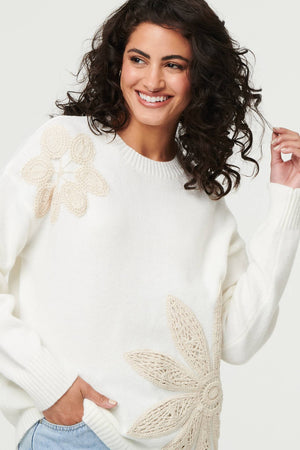 White | Floral Long Sleeve Embroidered Jumper
