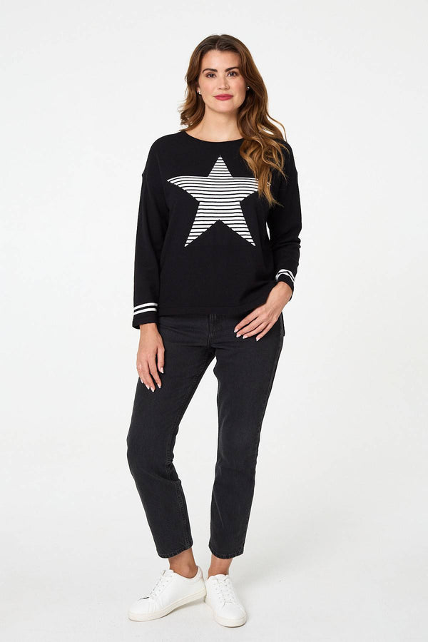 Black | Star Print Long Sleeve Relaxed Top
