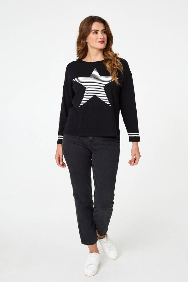 Black | Star Print Long Sleeve Relaxed Top

