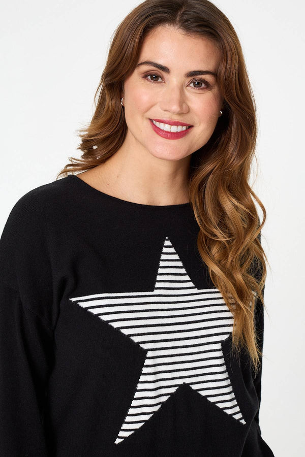 Black | Star Print Long Sleeve Relaxed Top
