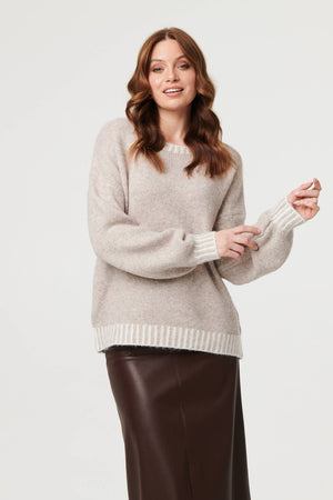 Grey | Contrast Trim Balloon Sleeve Jumper : Model is 5'9