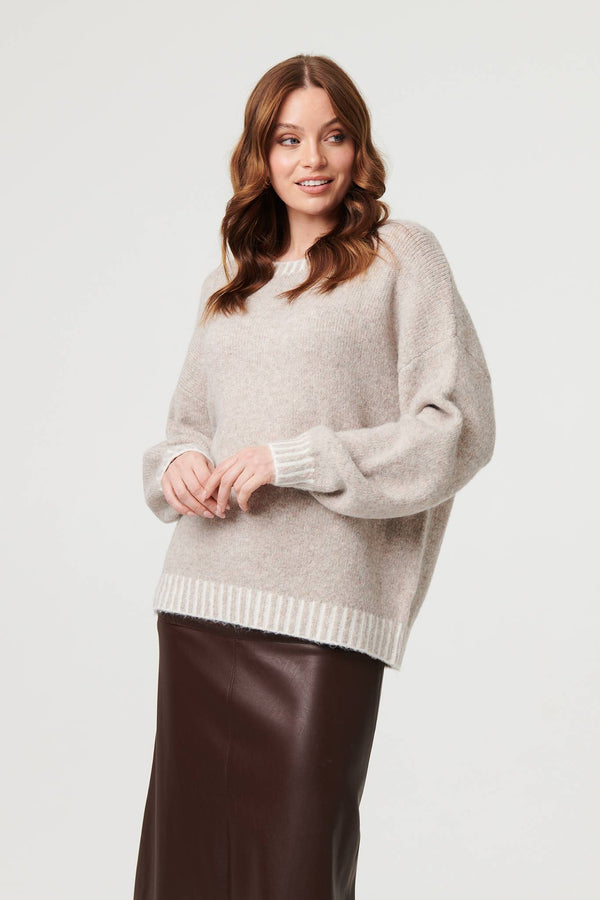 Grey | Contrast Trim Balloon Sleeve Jumper
