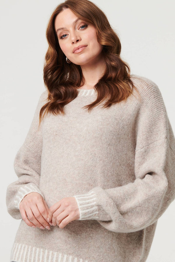 Grey | Contrast Trim Balloon Sleeve Jumper
