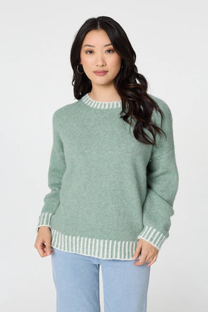 Sage | Contrast Trim Balloon Sleeve Jumper : Model is 5'9