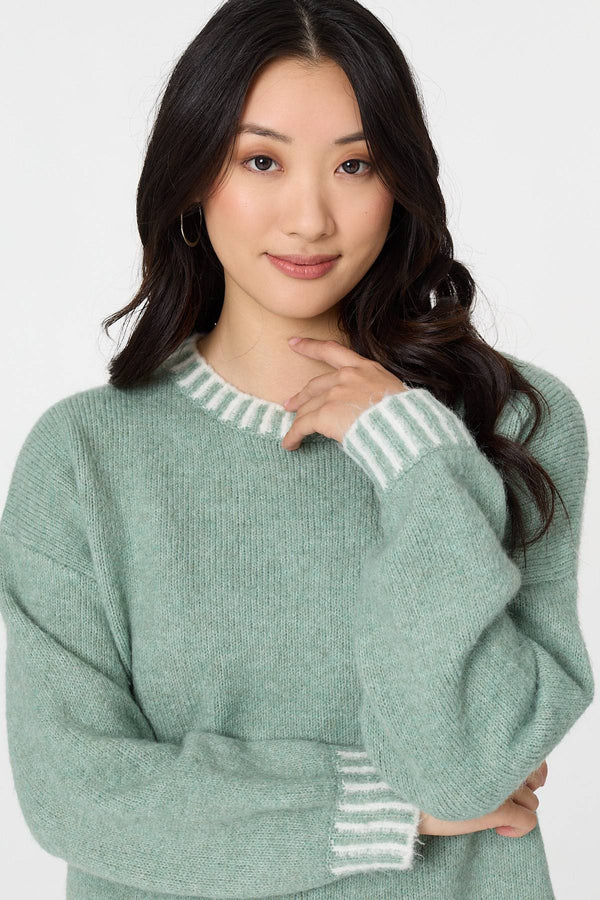 Sage | Contrast Trim Balloon Sleeve Jumper
