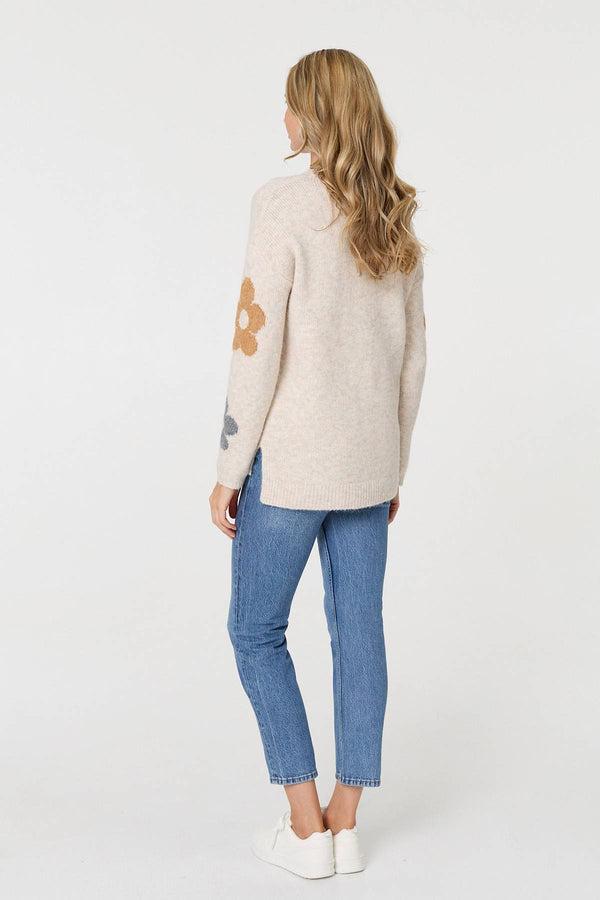 Beige | Floral Textured Knit Long Sleeve Jumper