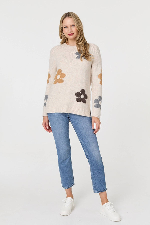 Beige | Floral Textured Knit Long Sleeve Jumper